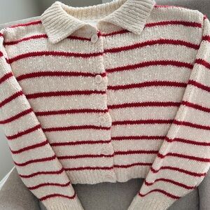 Boutique Brand Striped Cream & Red Collared Button Cardigan